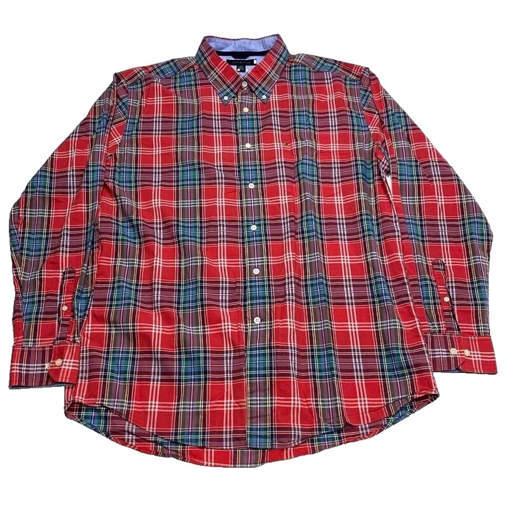 Tommy Hilfiger Button Shirt XL Red Plaid Flip Cuff Mens